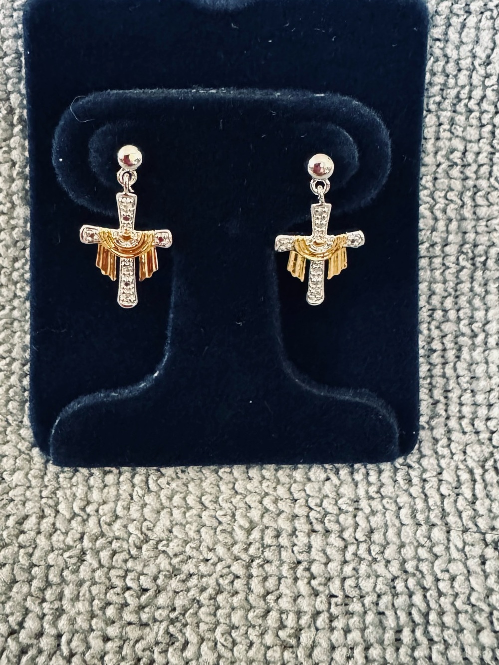 Gold toned and Silver Cross Drop Earrings - Two-Tone Crystal Accent